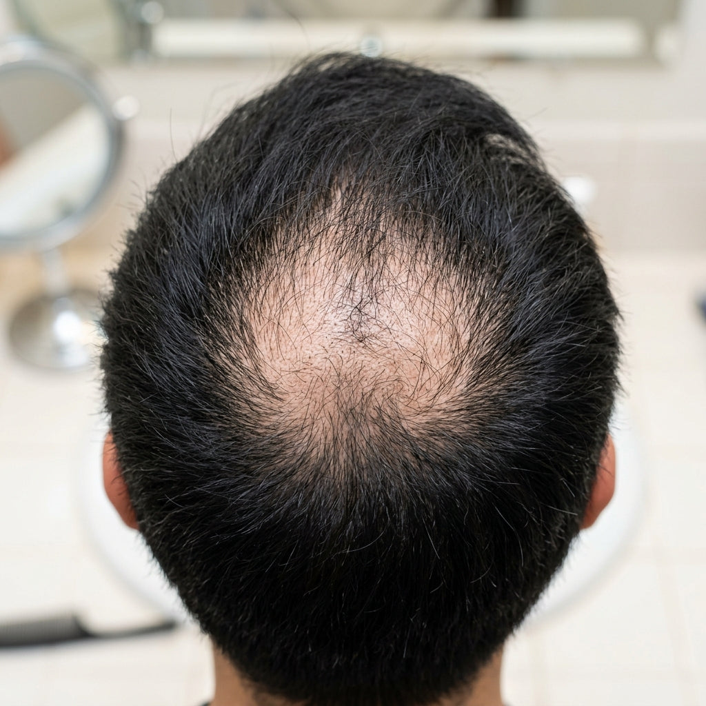 Hombre revisando su cabello fino y con entradas antes de usar el densificador capilar