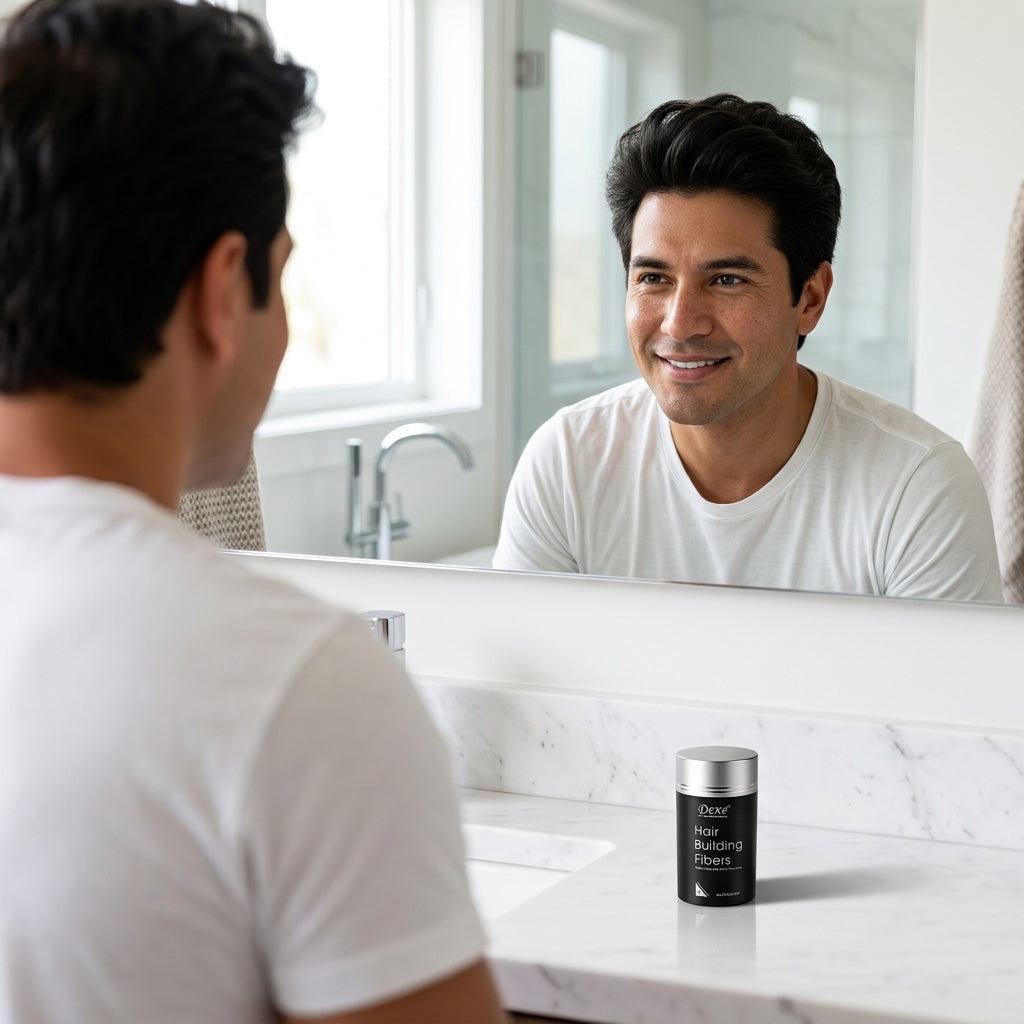Hombre sonriendo frente al espejo satisfecho con el resultado del densificador capilar instantáneo