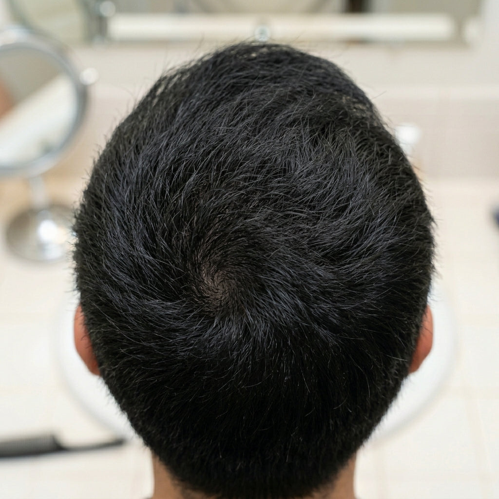 Hombre con cabello grueso y denso después de aplicar el densificador capilar
